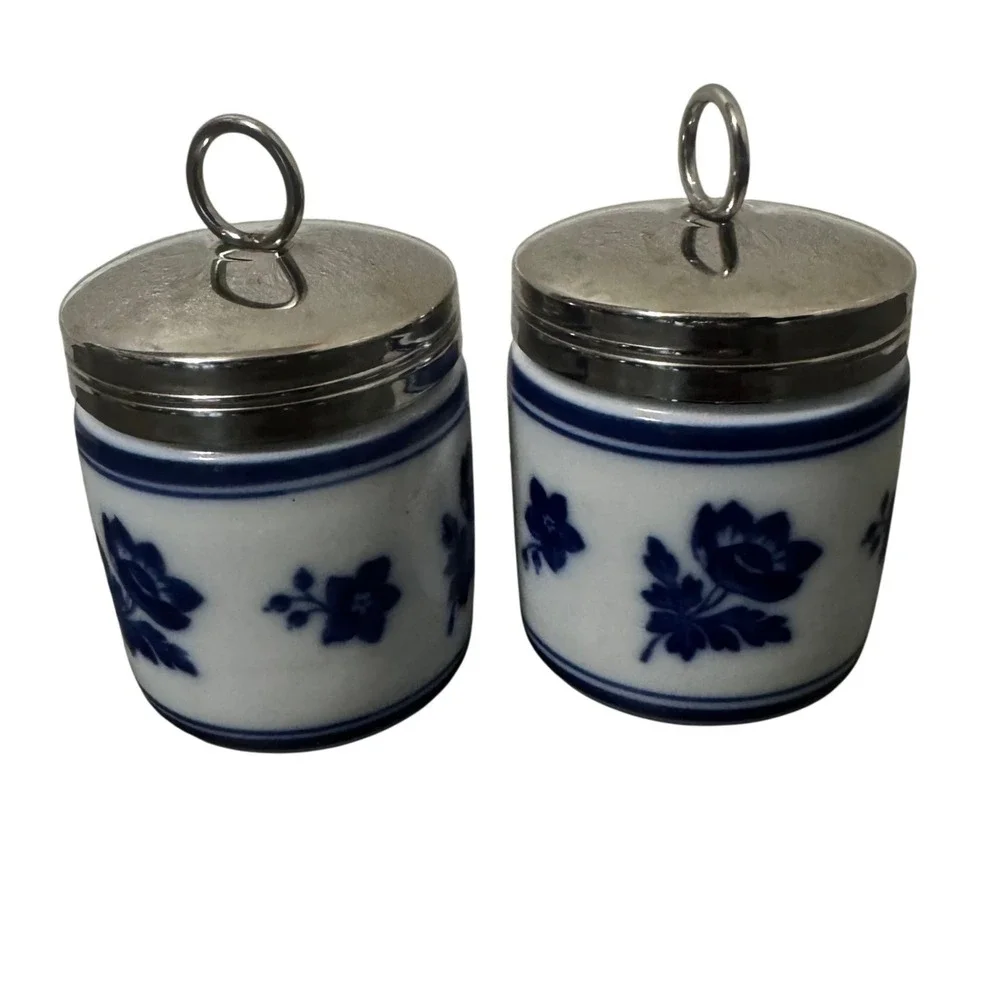 Williams Sonoma Blue Floral Porcelain Egg Coddlers Stainless Steel Lids Set of 2